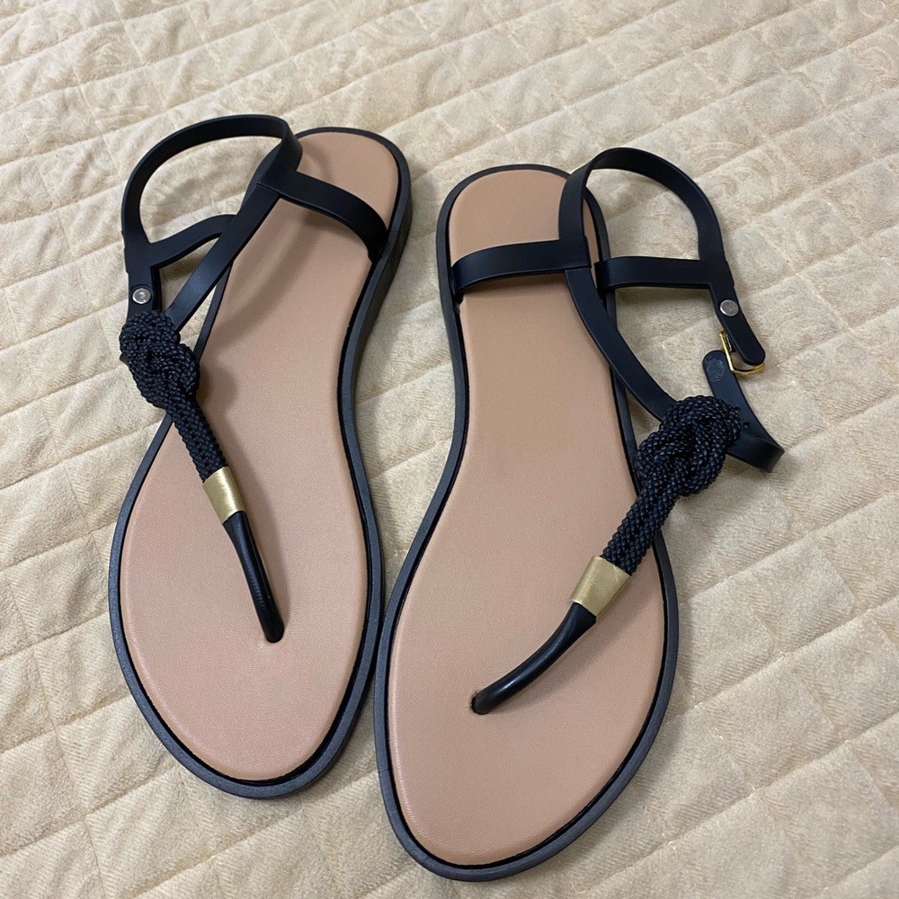 Black and Tan Sandals with Gold Accents